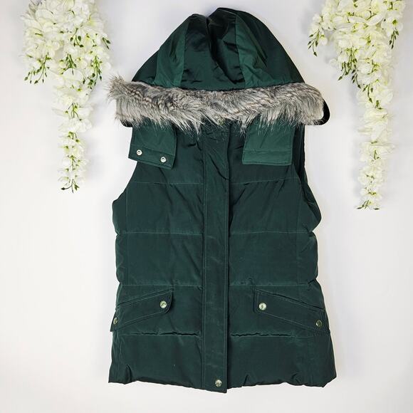 Talbots Quilted Puffer Vest Detachable Fur Hood Feather Duck Down Fill Sz Small - Picture 3 of 15
